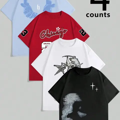 4 Counts Unisex Graphic Print Round Neck Tees, Regular Fit Short Sleeve T-Shirts for Summer, Daily Casual Wear, Streetwear