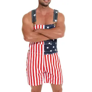 Bindefon Stretch American Flag Overalls Shorts Romper 4th of July Jumpsuits Work Bibs Coveralls Gifts for Men Labor Day Menswear