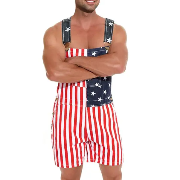 Bindefon 250th Anniversary Stretch American Flag Overalls Shorts Romper 4th of July Jumpsuits Work Bibs Coveralls USA Patriotic Gifts for Men Labor Day Menswear