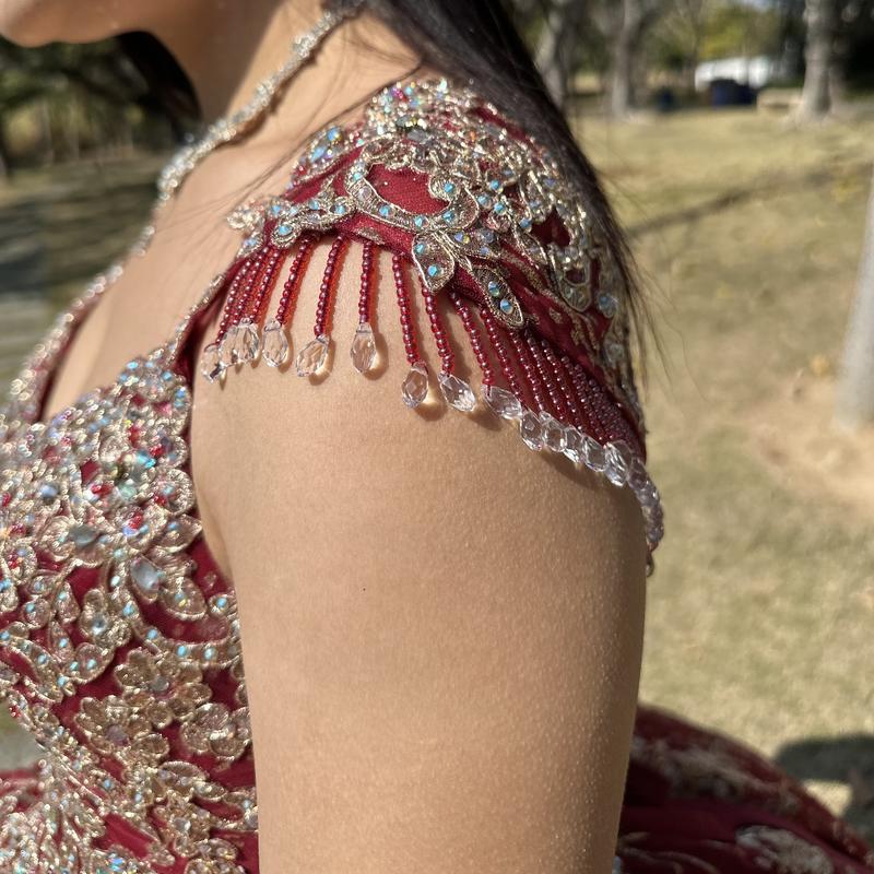 NO.4 Floral Patterned Glitter Quinceañera Dress Burgundy/Gold L.blue Blush Ball Gown Dress