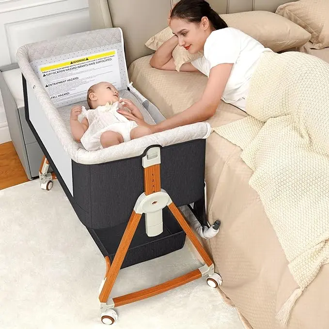【Deal】Baby Bassinet sleeper,3 in 1 Bassinet Bedside Sleeper with Wheels,Mosquito Net,6 Height Adjustable Easy Folding Portable Baby Bed,for Infant Newborn (Dark Grey) Safety bassinet for baby