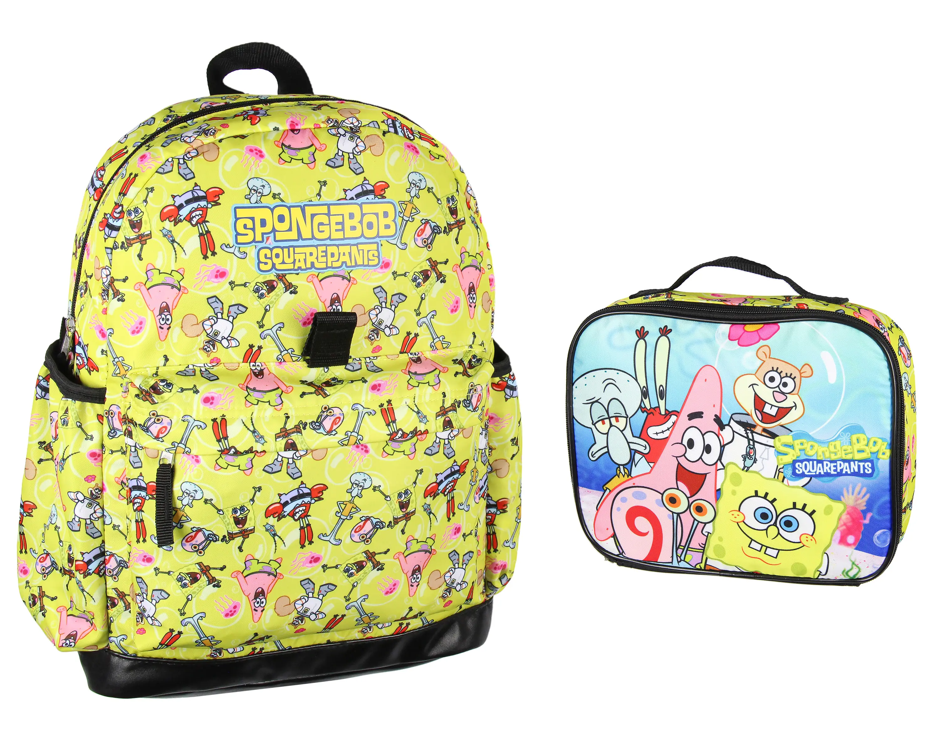 PJammy SpongeBob SquarePants Kids Backpack Lunch Box 2 Pc Set, Unisex School Bag with Insulated Lunchbox, 16" Cartoon Print Featuring Patrick Star, Sandy Cheeks, Mr. Krabs, Squidward in Bikini Bottom, Durable Polyester, Zipper Closure for School & Travel