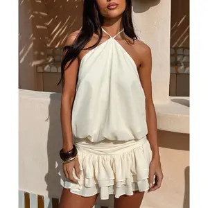 Women's 2026 Summer Halter Dress Sleeveless Open Back Ruffle Tiered Layered Chiffon Pleated A Line Swing Mini Dress