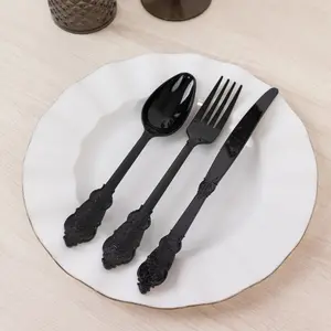 72 Pcs Plastic Silverware Set Black in Baroque Style - Heavy Duty Disposable Knife, Fork, and Spoon Set