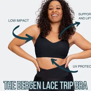 The Bergen Lace Trip Bra - Low Impact, Support and Lift, UV Protection, Black, Comfortable and Stylish