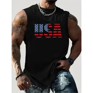 Men's USA Patriotic Print 100% Cotton Sleeveless T-Shirt - Breathable Summer Workout Top for Gym, Outdoor Sports & Casual Wear - Regular Fit Round Neck Short Sleeve Tee, Workout Shirts, Bold Geometric Pattern, Slight Elasticity