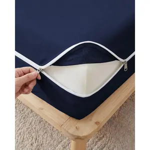 JS Zippered Mattress Protector Queen Size – Soft 100% Cotton, 600 Count Deep Fitted Sheet Encasement Cover for Bed Breathable, 12-16 Inch Fit, Navy Blue 60x80