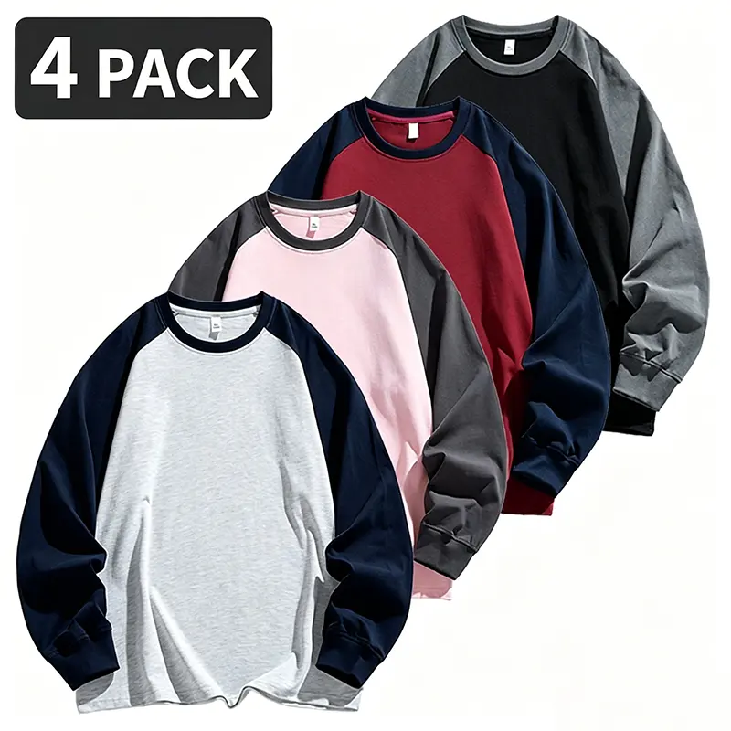 4-Pack Men’s Drop-Shoulder Color-Block Long Sleeve T-Shirts, American Vintage Baseball Casual Base Layer Tops