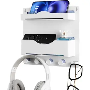 X-HP02 Bedside Wall Shelf with Glasses Hooks ,Adhesive Bedside Organizer Wall Mount for Dorm and Room Accessories Phone,Remote,Earphone, Kindle (White) Decor Installation