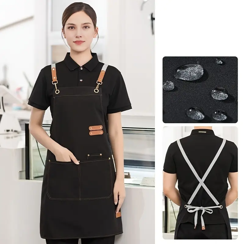 Canvas Apron for Women with Flower Print, Adjustable Black Workwear Bib, Waterproof & Stain-Resistant with Pockets for Kitchen & Restaurant, Hook And Loop, All Seasons, 25.5 Inches Wide