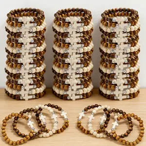 20/40Pcs Vintage Multi-Layer Cross Beaded Bracelet Bulk- Elastic Wood Bead Cross Religious Symbol, Multi-Item Party Favor Packs Layered Stackable For Daily Wear & Vacation, Wood Gift Suitable For Birthdays, Parties,