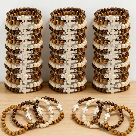 20/40Pcs Vintage Multi-Layer Cross Beaded Bracelet Bulk- Elastic Wood Bead Cross Religious Symbol, Multi-Item Party Favor Packs Layered Stackable For Daily Wear & Vacation, Wood Gift Suitable For Birthdays, Parties,