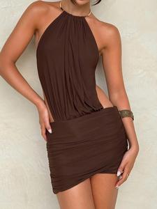 women's plain   halter neck dress, fashion casual sleeveless short dress for party club dating wear, ladies summer clothes