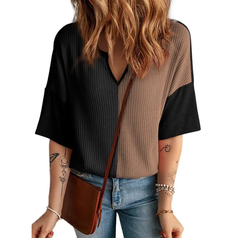 Dokotoo Womens Summer Tops Fashion 2026 Half Sleeve Waffle Knit Shirts Casual V Neck Colorblock Patchwork Blouses