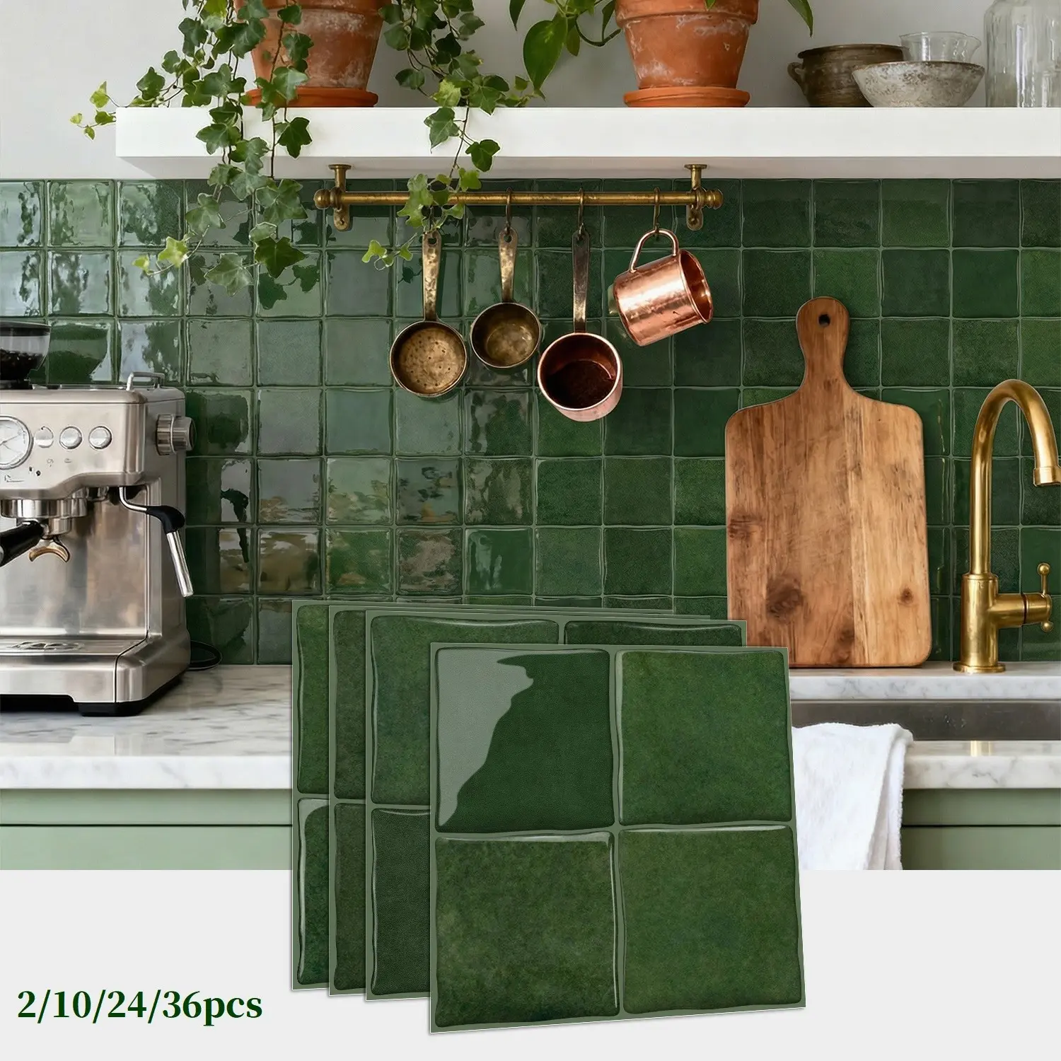 Green Peel and Stick Tile Stickers, 15.25x15.25CM Glossy 3D Epoxy Resin Self-Adhesive, Waterproof Wear-resistant Wall Decals, South American Style for Kitchen Bathroom Living Room Fireplace