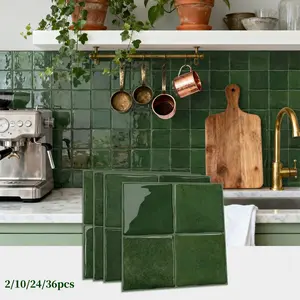 South American modern style green epoxy resin glossy three-dimensional self-adhesive tile stickers, peel and stick, firm, waterproof, wear-resistant, splash-proof panels, suitable for kitchen, bathroom, living room, bedroom, fireplace,  15.25x15.25CM