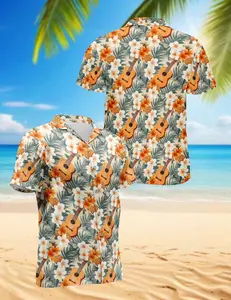 Tropical Pineapple Guitar Hawaiian Shirt, Funny Pineapple Guitar Hawaiian Shirt Summer Beach Aloha Short Sleeve Button Down for Men Women