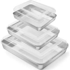 Stainless Steel Baking Pan with Lid, Rectangular Cake Pans, Sheet Pan Bakeware for Baking Lasagna Brownies, 2-Inch Deep Side & Heavy Duty, Easy to Store & Clean (9.4" + 10.5" + 12.3", 6 count)