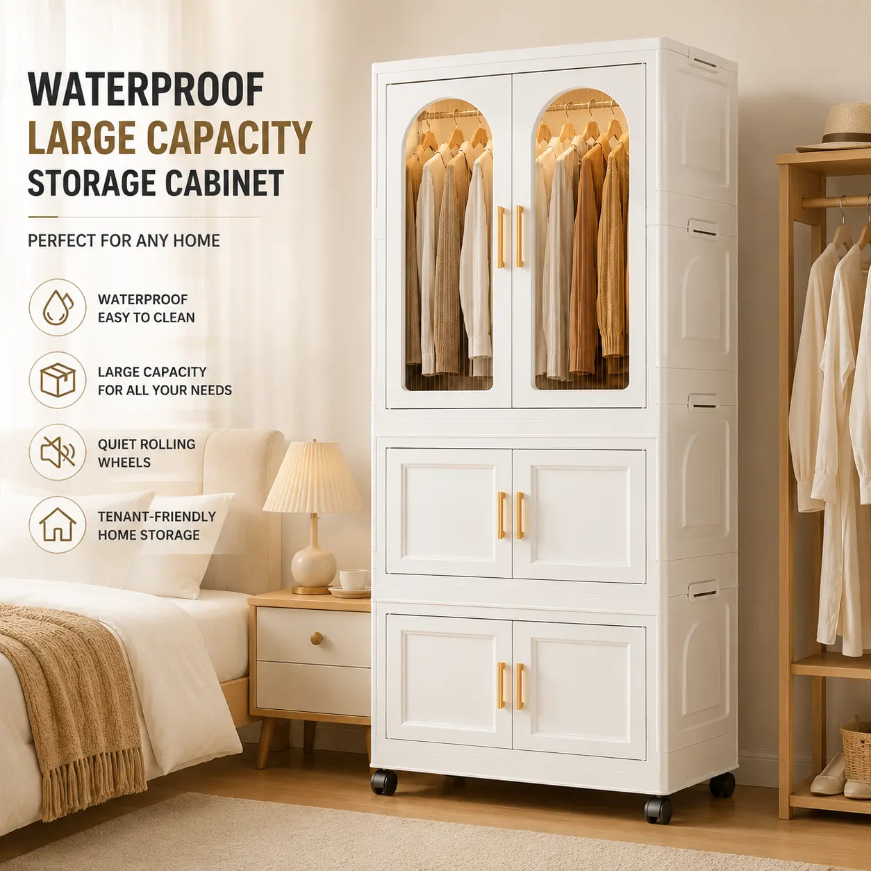Foldable Rolling PP Rectangle Storage Cabinet with Wheels - Large-Capacity Waterproof Home Organizer Shelf System, 2 Wardrobe +1 Wardrobe 2 Folding Boxes, Wipe-Clean Clothes Closet Beauty Organizer for Bedroom