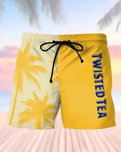 Twisted Tea Busch Light Tropical Couples Swimsuit Set, Twisted Tea Palm Tree Beach Shorts Men Women Yellow Hawaiian Swim Trunks Boardshorts Summer Party Festival Casual Street Vacation Sport Quick Dry Unisex