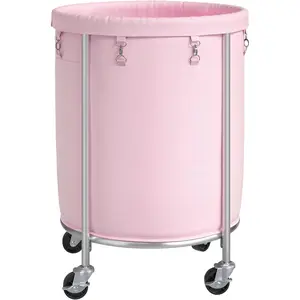 Laundry Basket with Wheels, 170L Rolling Laundry Hamper with Removable Bag and Frame, Round Laundry Cart with 4 Casters and 2 Brakes, for Bedroom,, Laundry Room, Pink
