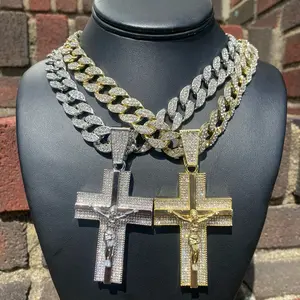 24” Ice Out Hip Hop Cuban Neckalce Chain, Large Religious Jesus Cross Pendant Men silver rhinestones