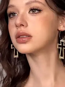 Women's Street Trend Cross Design Dangle Earrings, 1 Pair Vintage Trendy Dangle Earrings, Chic Gorgeous Jewelry As Gift for Girlfriend, Studded Cross Earrings