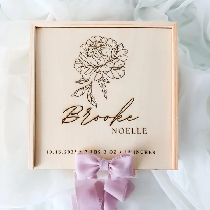 Hand-Personalized Wooden Peony Baby Keepsake Box - Home Supplies Storage Organizer, Decorative Room Decor for Newborn Keepsakes