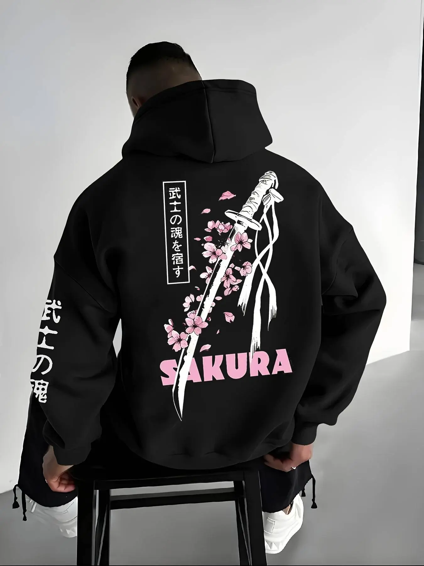 Men's Floral Samurai Print Fleece Long Sleeve Graphic Hoodie, Casual Streetwear Pullover, Unisex Casual Hooded Sweatshirt, Fall & Winter Fashion, Plant & Letter Pattern, Comfortable Fit