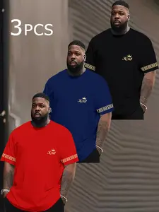 3-Pack Men's Loose-Fit Crown Print T-Shirts, Short Sleeve Long Tee Set, Casual All-Season Wear, Lightweight & Versatile Top