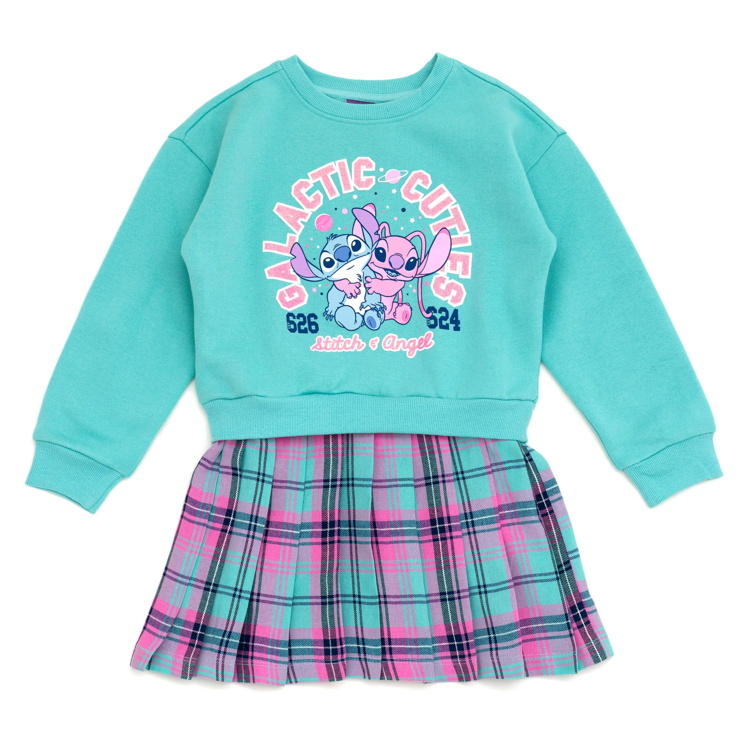Disney Lilo & Stitch Girls' Glitter 2fer Sweatshirt Dress, Drop Shoulder Fleece Pullover with Pleated Flannel Skirt, Toddler to Big Kid, Long Sleeve, 4 - 5 Years, 4T, Casual, Pull-On Fit, Plaid Print, Hybrid Look, Lilo & Stitch Graphic, Metallic Thread, P