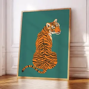 Tiger Poster | Cheeky Tiger Wall Art Print | Orange, Black, White & Golden Animal Print on Green Jungle Background