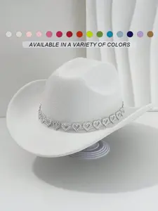 Cowboy Hat with Rhinestone Heart Band – Western Rodeo Country Music Festival Party Cap for Women & Men, Stylish Cowgirl Hat for Concerts, Dress Up, Bachelorette, Halloween, Rave, Costume, Night Out, Country Concert Outfit Accessory
