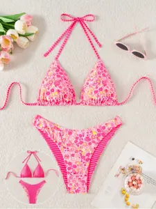 New Floral Bikini Triangle Cup Print Sexy Swimsuit Separated Swimwear, Style, Cross-Border Fashion, Women's Beachwear