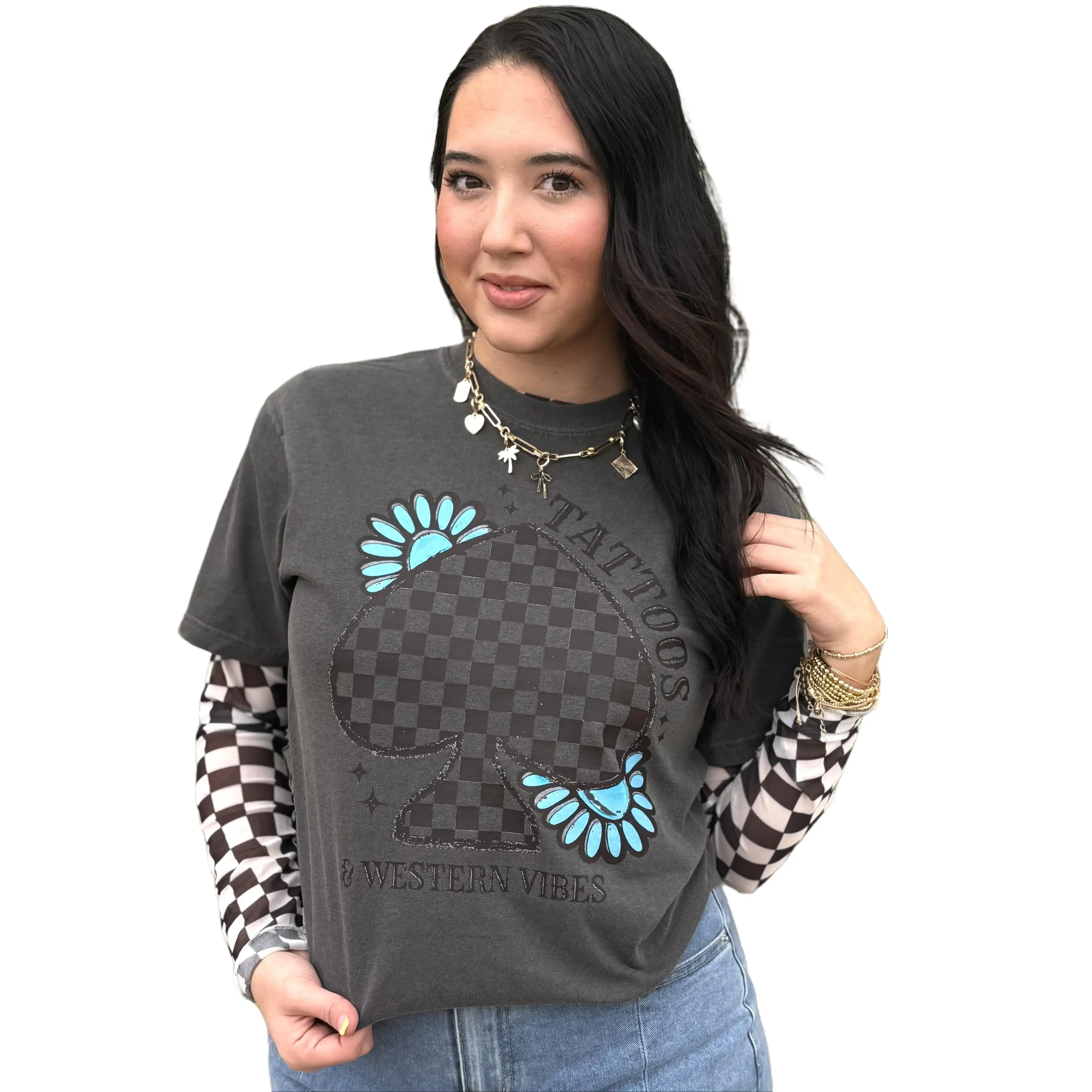 Checkered Spade Tattoos and Western Vibes Graphic Tee