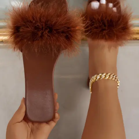Women's Fashionable Fluffy Decor Square Toe Flat Sandals, Trending Sandals, Square Toed Sandals, Fashionable Leather Sandals, Non-slip Slip-on Slide Sandals for Summer, Trendy All-match Barefoot Shoes for Daily Wear