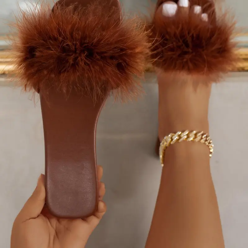 Women's Fashionable Fluffy Decor Square Toe Flat Sandals, Trending Sandals, Square Toed Sandals, Fashionable Leather Sandals, Non-slip Slip-on Slide Sandals for Summer, Trendy All-match Barefoot Shoes for Daily Wear