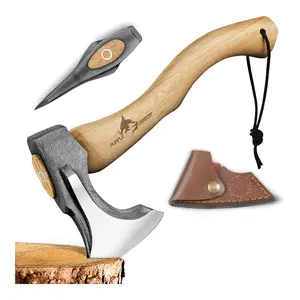 Purple Dragon Camping Garden Axe 14.7 Inch Hand Forged Splitting Tool - Outdoor Wood Splitting, Chopping & Carving Tool with Leather Sheath, Bushcraft Wooden Handle Garden Axe for Garden & Forest Use