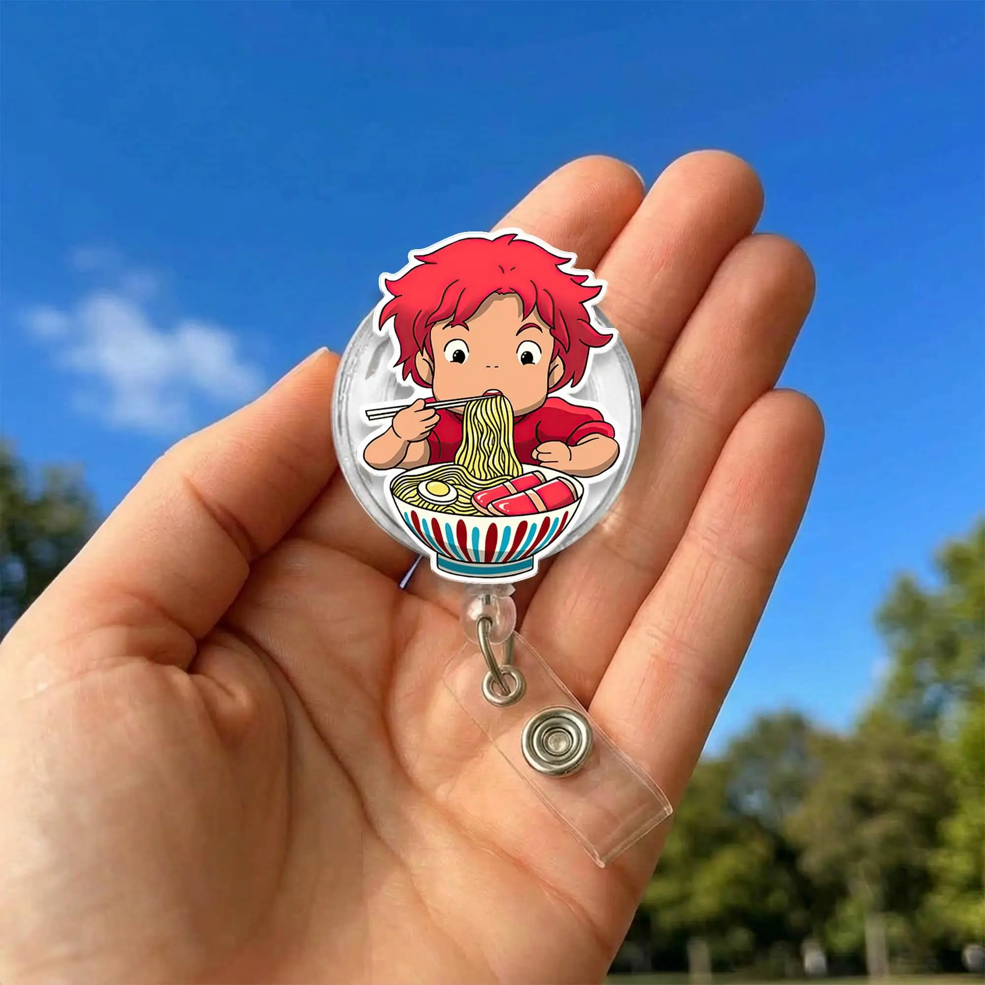 Anime Ramen Badge Reel, Red Hair Character ID Holder, Retractable Acrylic Clip