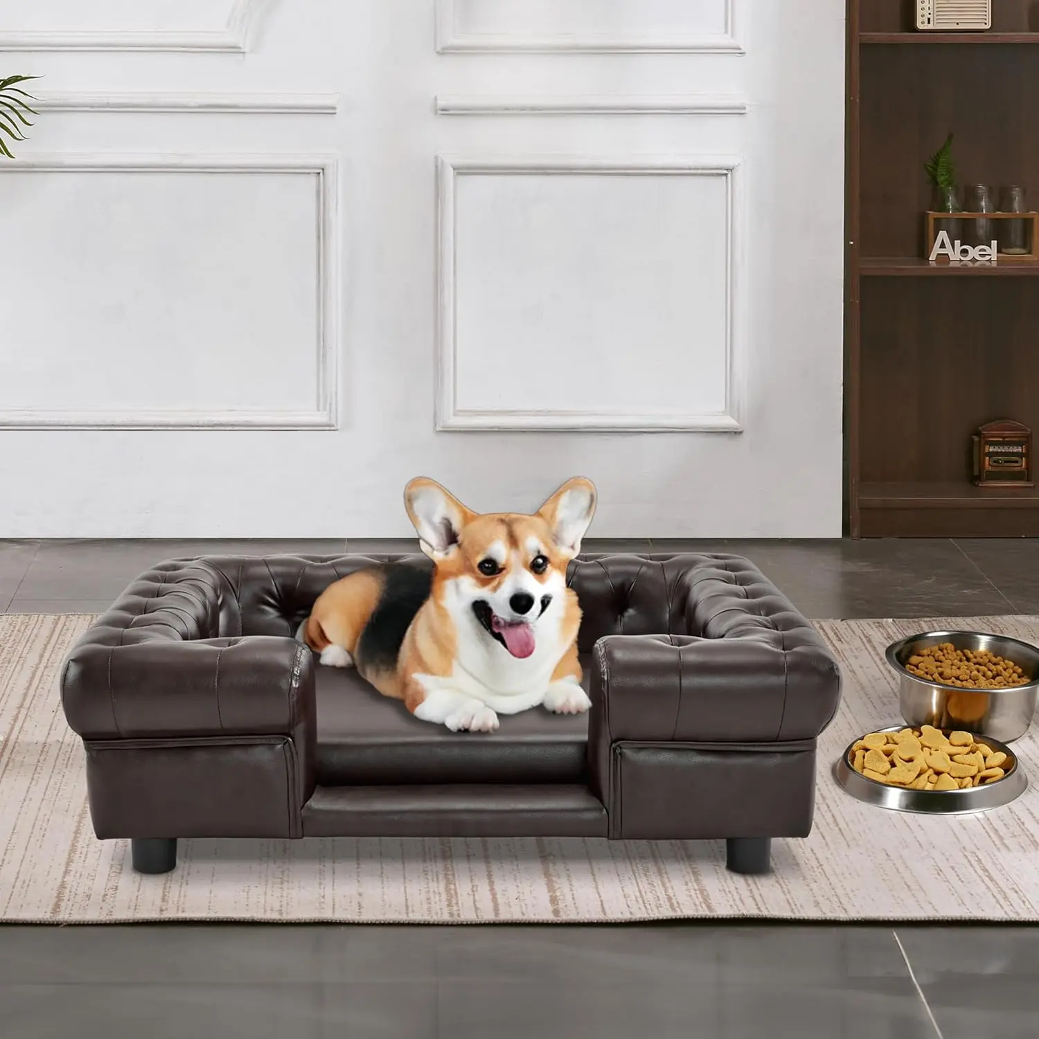 【MCombo】Faux Leather Dog Couch with Small Stairs, Pet Sofa Bed for Medium-Sized Dogs, Stylish and Comfortable Pet Furniture