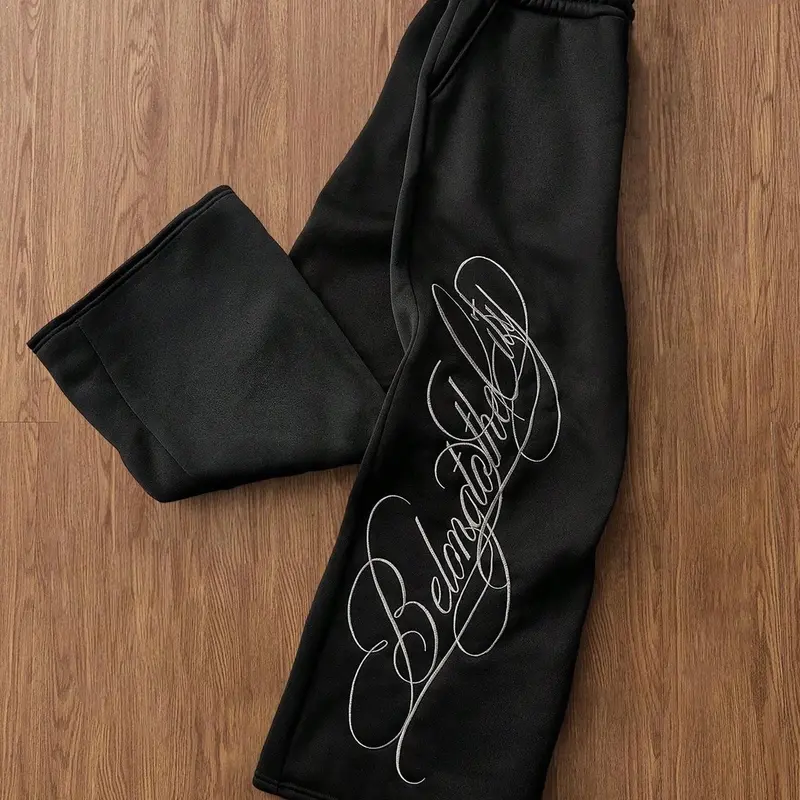 Unisex Cotton Black Wide Leg Loose Casual Relaxed Fit Sweatpants with Silver Script Print Streetwear Comfy Pants
