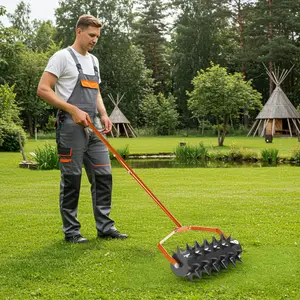 Karlhome Aerator Lawn Tool, Heavy Duty Manual Rolling Lawn Aerator for Yard and Garden, Easy-to-Assemble, 49'' Long Handle Rolling Lawn Aerator