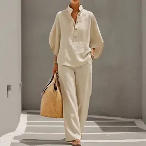 Women's 2-Piece Womenswear Set, Stand Collar Half-Button Top with Loose Batwing Sleeves, Breathable Textured Fabric Wide-Leg Pants - Ideal for Seaside Vacations, City Travel