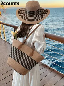 Herbaceous Handmade Straw Hat, Large Capacity Straw Tote Bag, Women's Sun Protection Straw Hat, Tote Bag Set, Casual Loose Fit