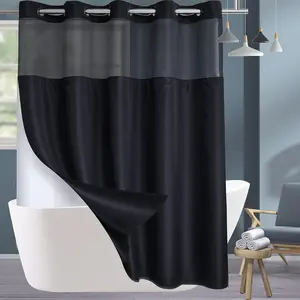 No Hook Shower Curtain with Snap in Liner Set, Hotel Luxury Black Fabric Shower Curtains for Bathroom with See Through Top Window, Washable,  71W x 74H
