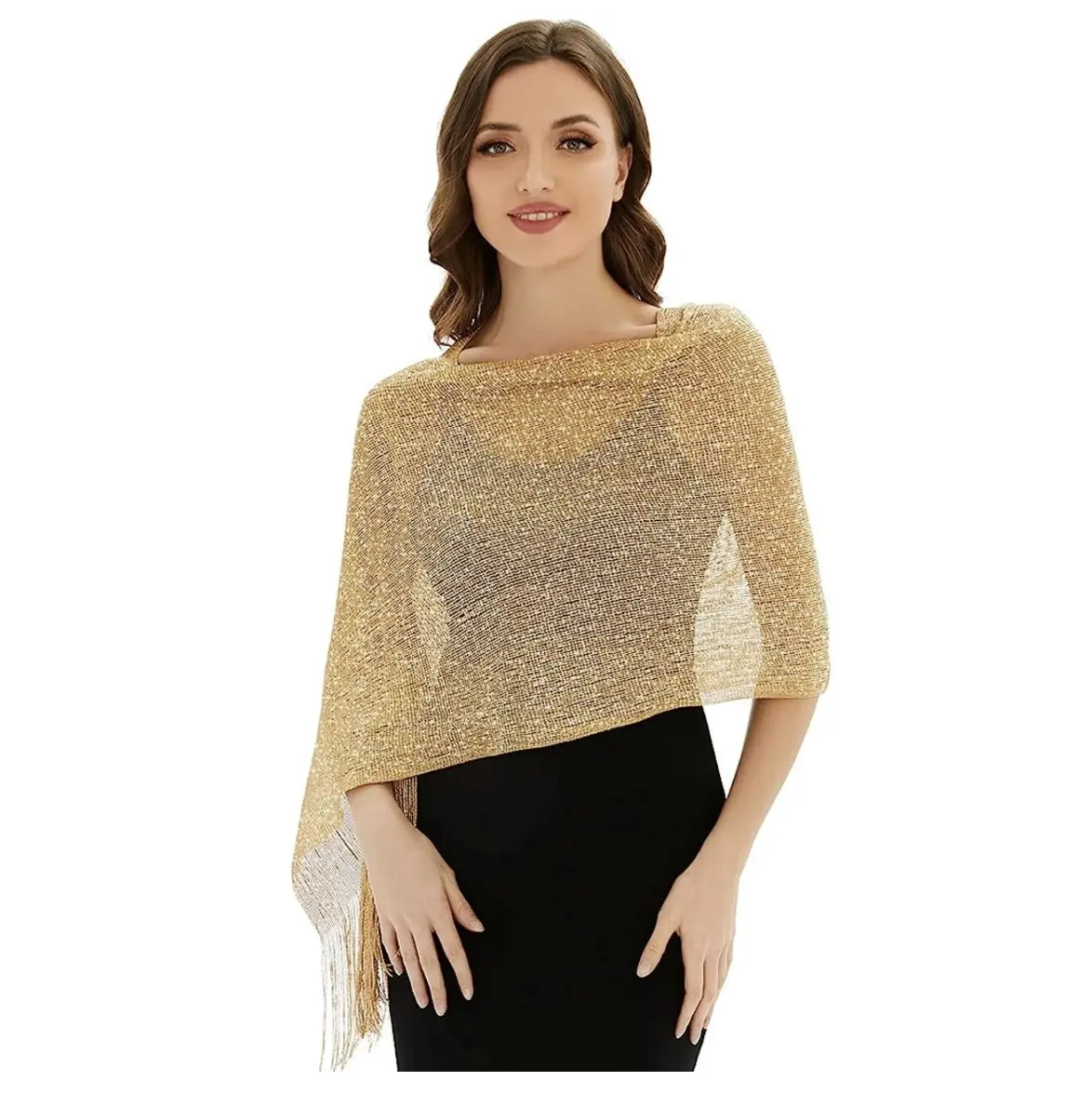 Sparkling Gold Metallic Shawls and Wraps with Buckle for Evening Dresses - Women's Shawls and Wraps in Metallic Finish