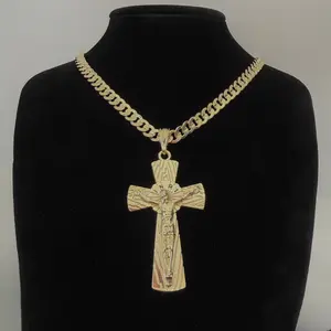 Jesus Cross Elegant Textured Design 14k Gold Plated Cuban Link Gift