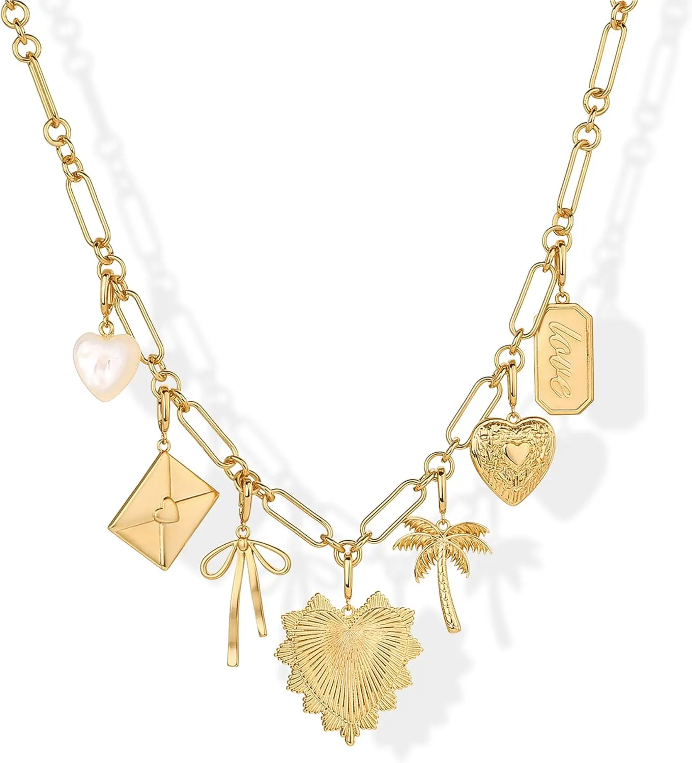 14K Gold Plated Chunky Charm Necklace Pack for Women | Statement Paperclip Chain Necklaces with Removable Charms | Heart Palm Tree Bow Pearl Love Friendship Necklace - Valentines Day Trendy Jewelry