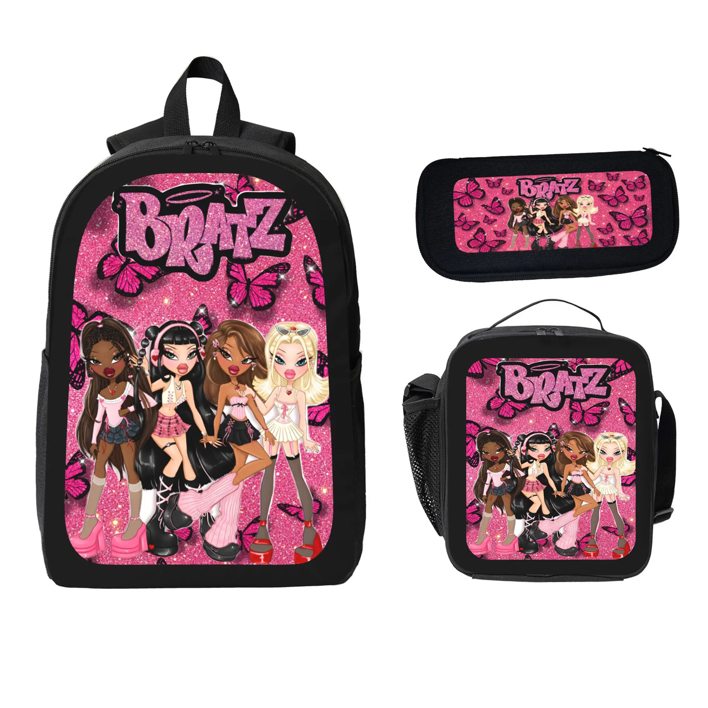 BRATZ Backpack Set Durable Polyester 3 Piece Bookbag Lunch Bag Pencil Case Lightweight Large Capacity Travel Daypack Back To School Supplies Y2K Leopard Graphic Bag For Girls Teens Students Viral Trend