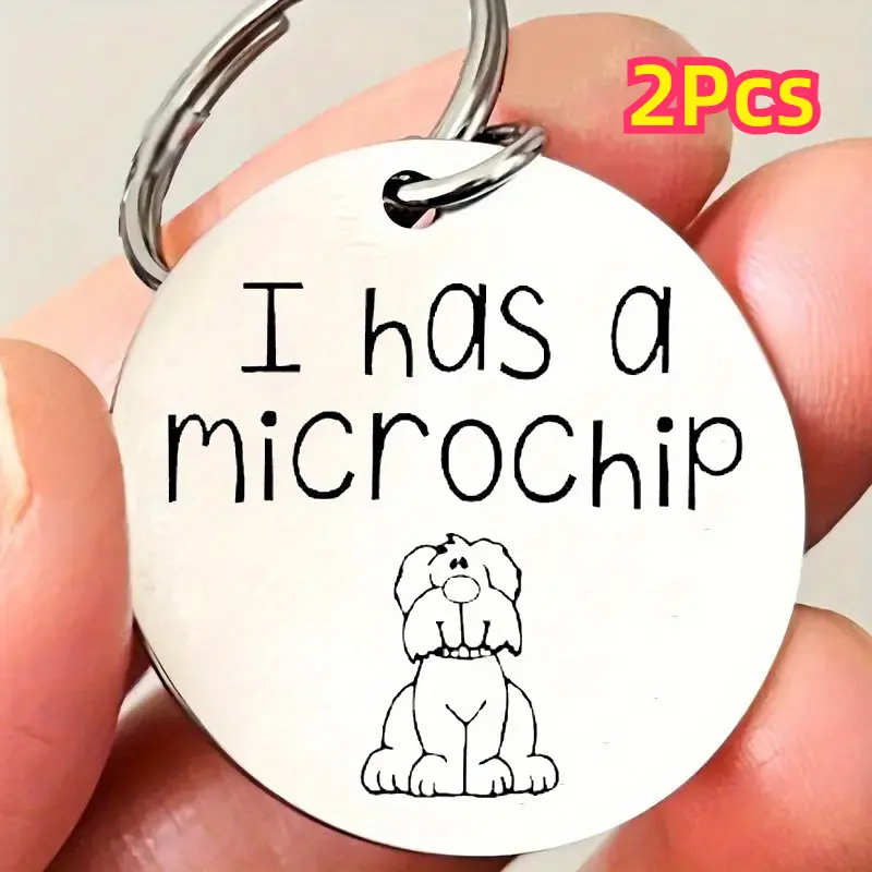 2-Pack Pet Safety Alert Keychains, Stainless Steel Mini Visible Tags with Engraved 'I Have a Microchip' Message, Bright Finish, Personalized Message Keychains, 2Pcs